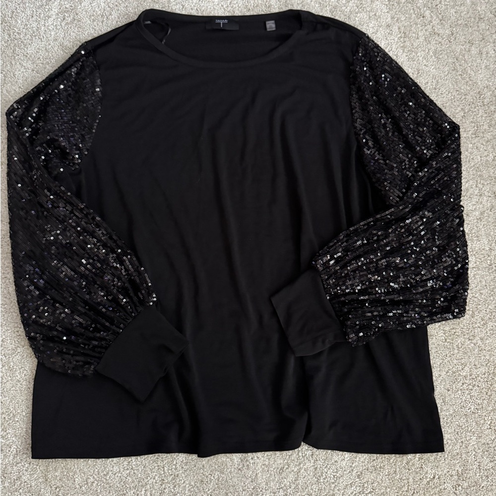 Tahari Black Top with Sequin Sleeves